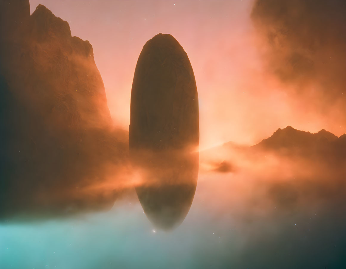 Monolithic stone structure in misty alien landscape with warm orange glow