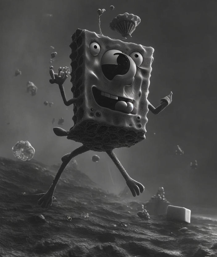 Monochrome anthropomorphic sponge in rocky environment.