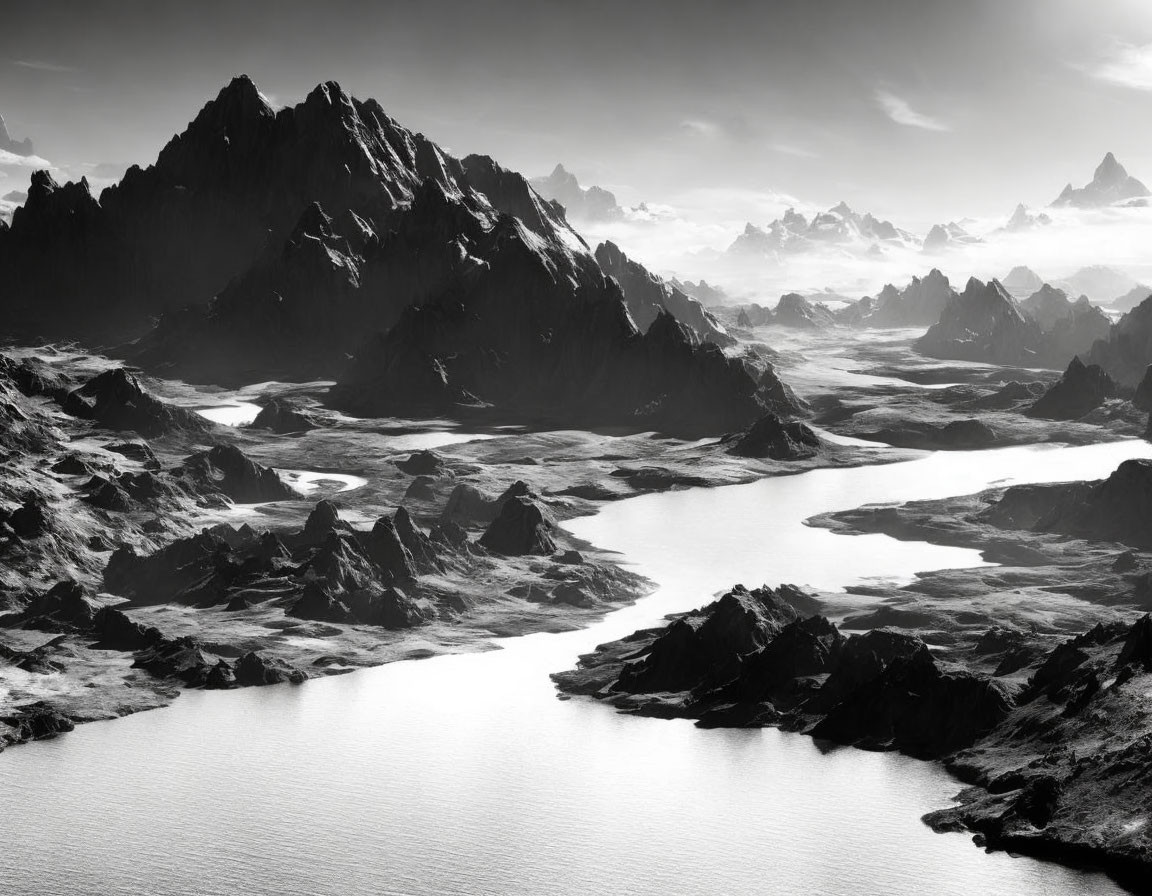 Monochrome landscape: rugged mountains, interconnected lakes, dramatic light.