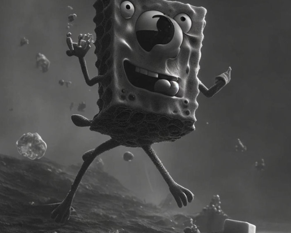 Monochrome anthropomorphic sponge in rocky environment.