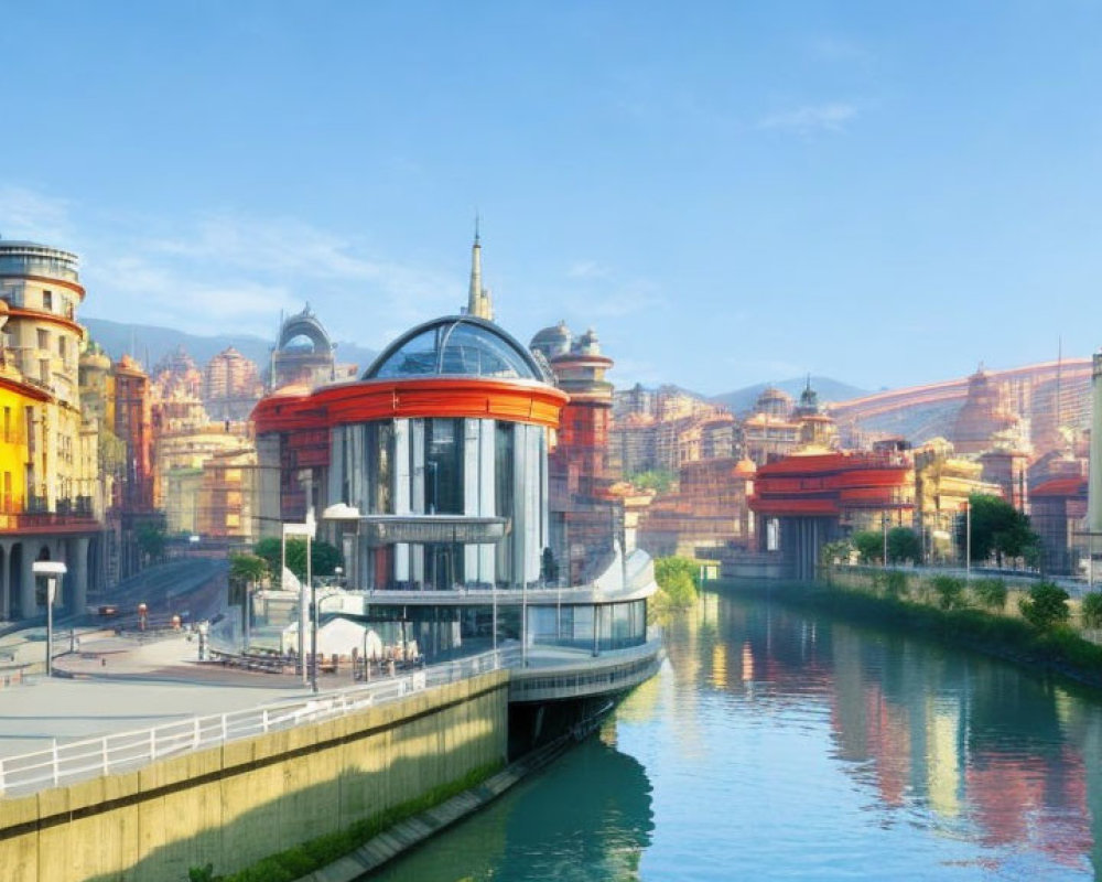 European City Riverside View with Modern Glass Structure & Traditional Buildings