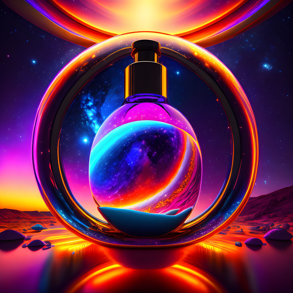 Spherical glass bottle in glowing rings on alien landscape