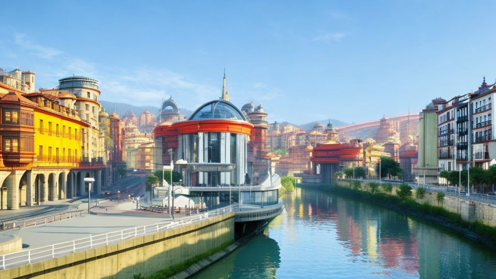 European City Riverside View with Modern Glass Structure & Traditional Buildings