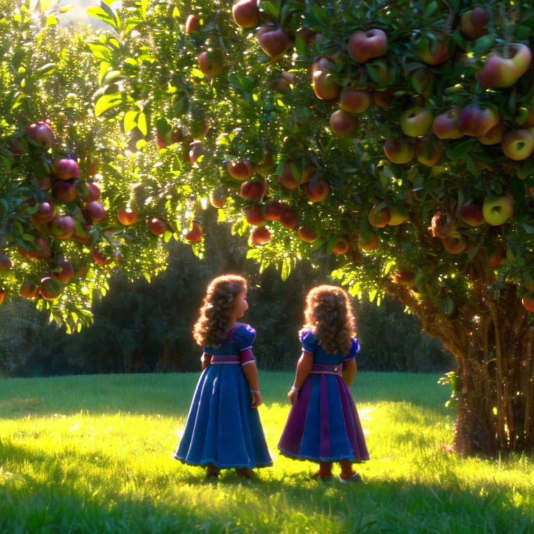 Young girls in dresses in sunny apple orchard.