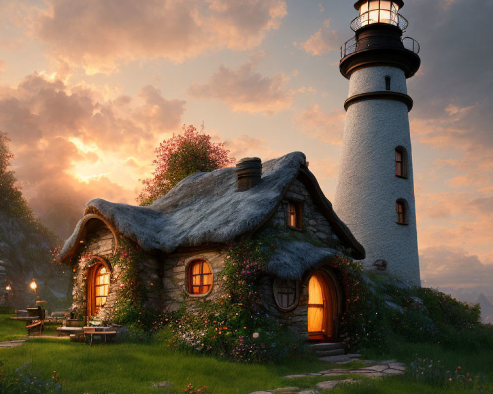 Thatched Roof Cottage & Lighthouse by Sunset