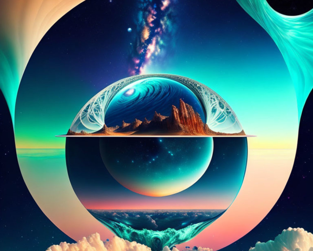 Composite surreal image with layered landscapes, planets, and cosmic elements in circular frames