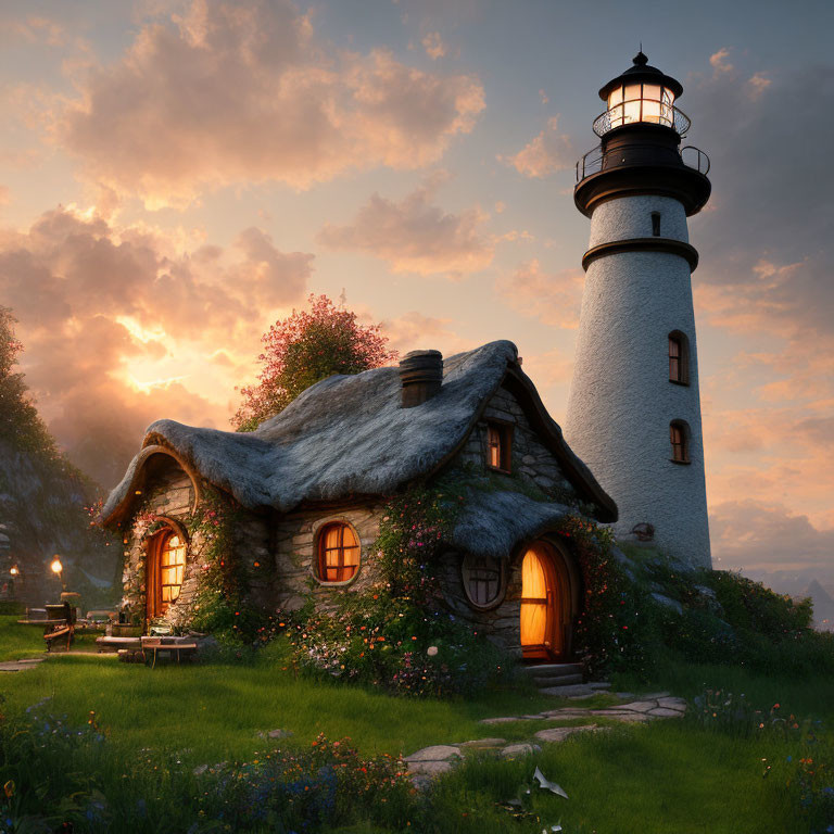 Thatched Roof Cottage & Lighthouse by Sunset