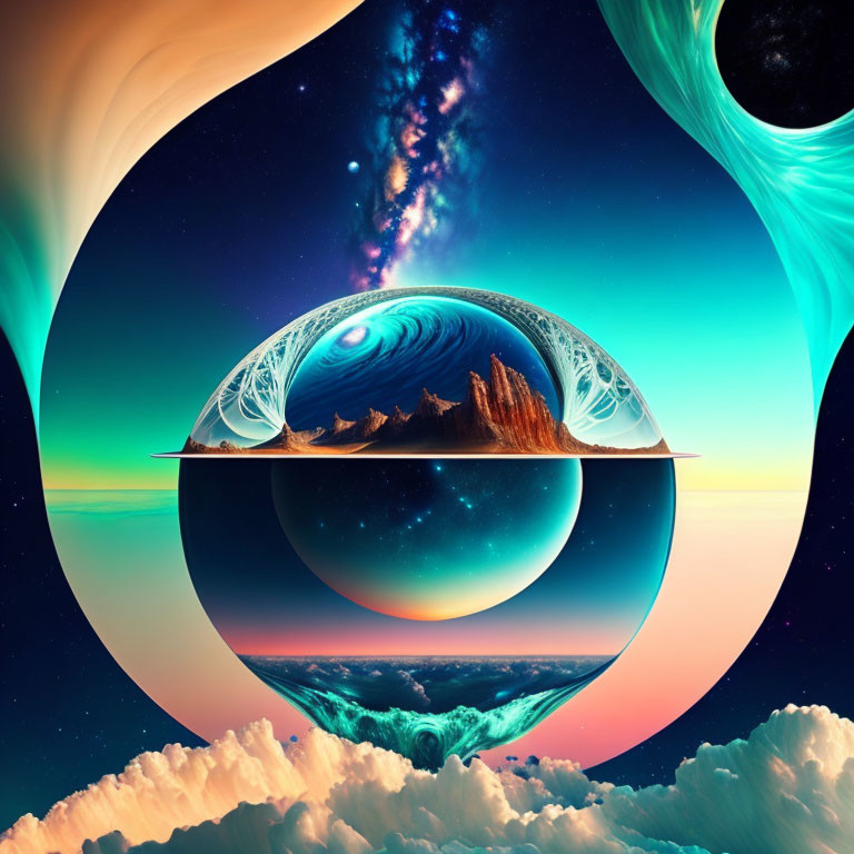 Composite surreal image with layered landscapes, planets, and cosmic elements in circular frames