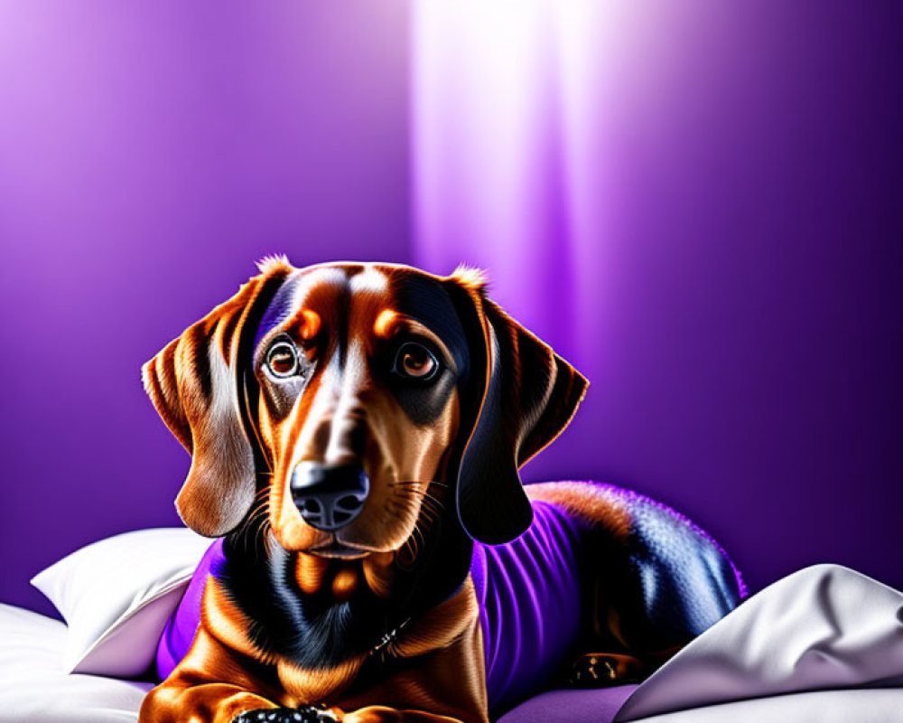 Shiny coat dachshund in purple sweater on white bed sheets