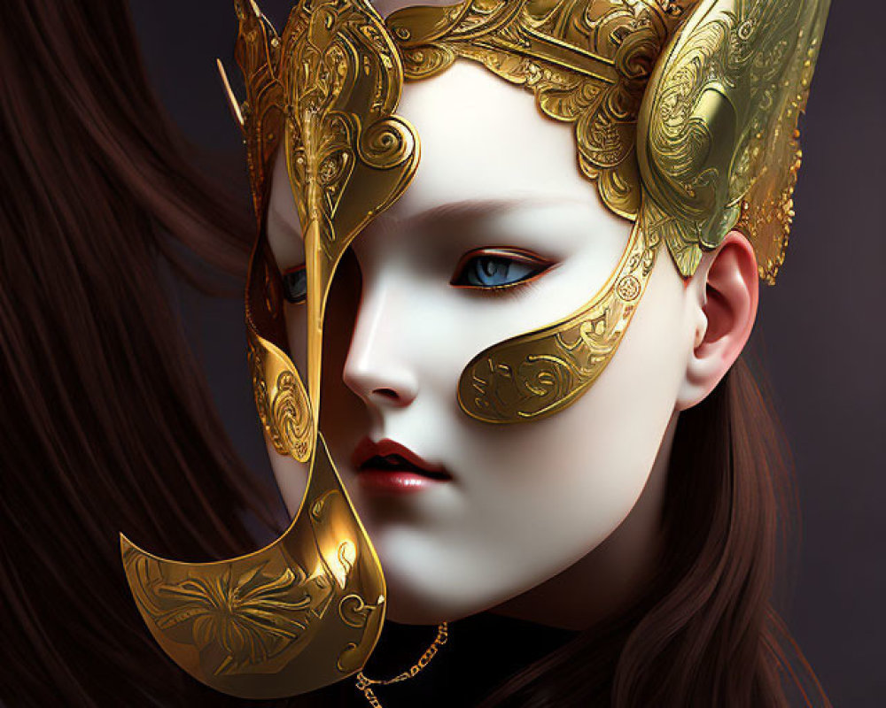 Porcelain-complexioned person in gold mask with horn-like protrusions