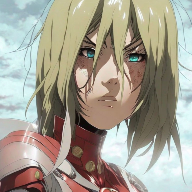 Blonde anime character in red armor with blue eyes and solemn expression