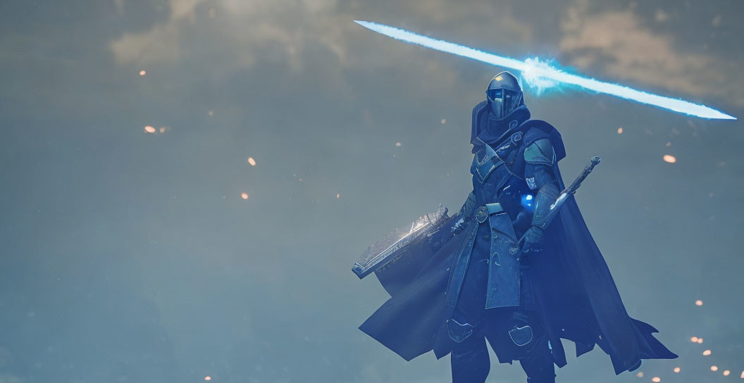 Futuristic knight in blue armor with glowing sword under cloudy sky