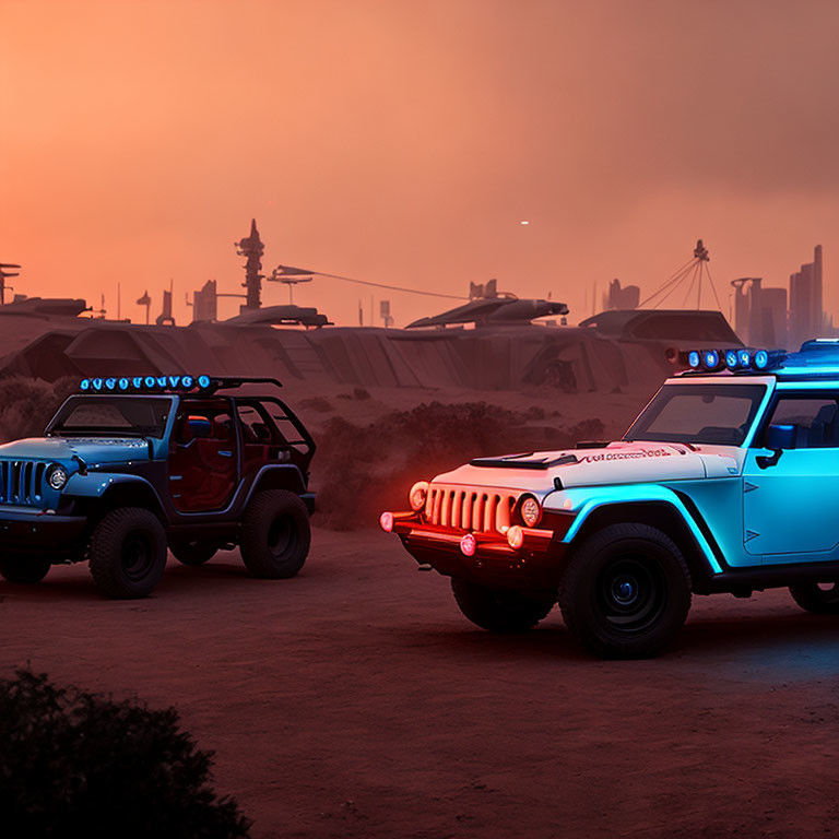 Two Jeep Wranglers with neon underglow lights on dusty road at dusk with futuristic cityscape