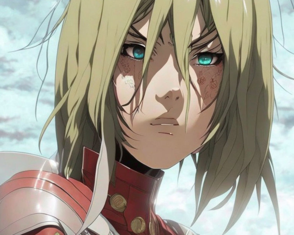 Blonde anime character in red armor with blue eyes and solemn expression