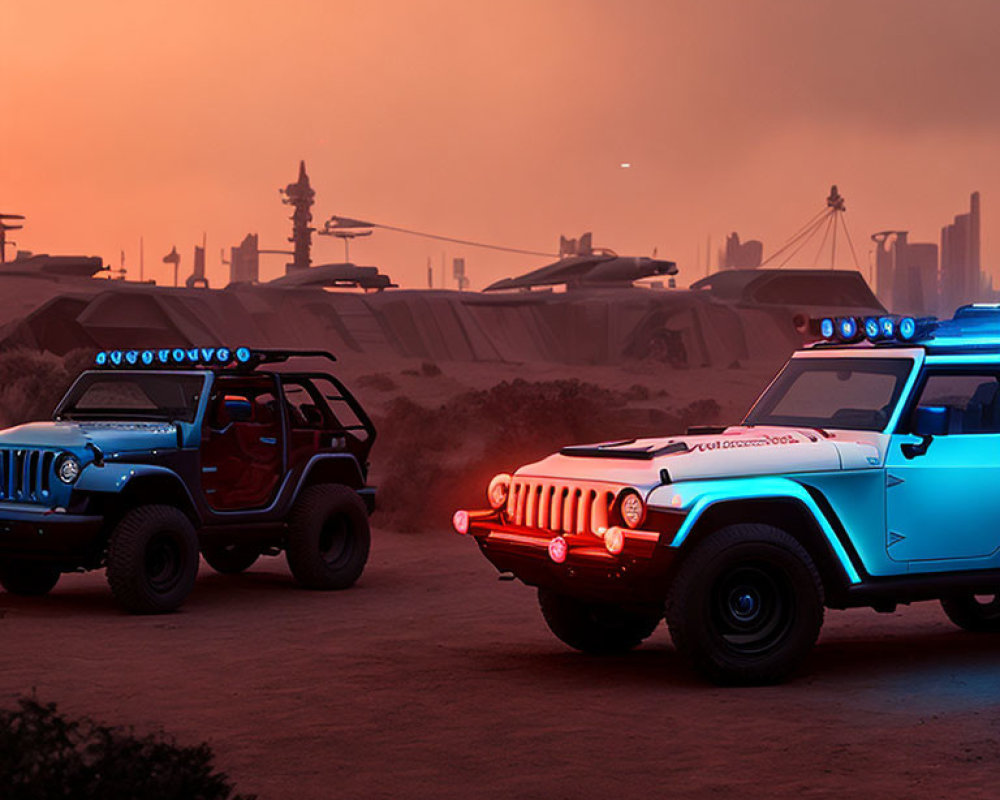 Two Jeep Wranglers with neon underglow lights on dusty road at dusk with futuristic cityscape