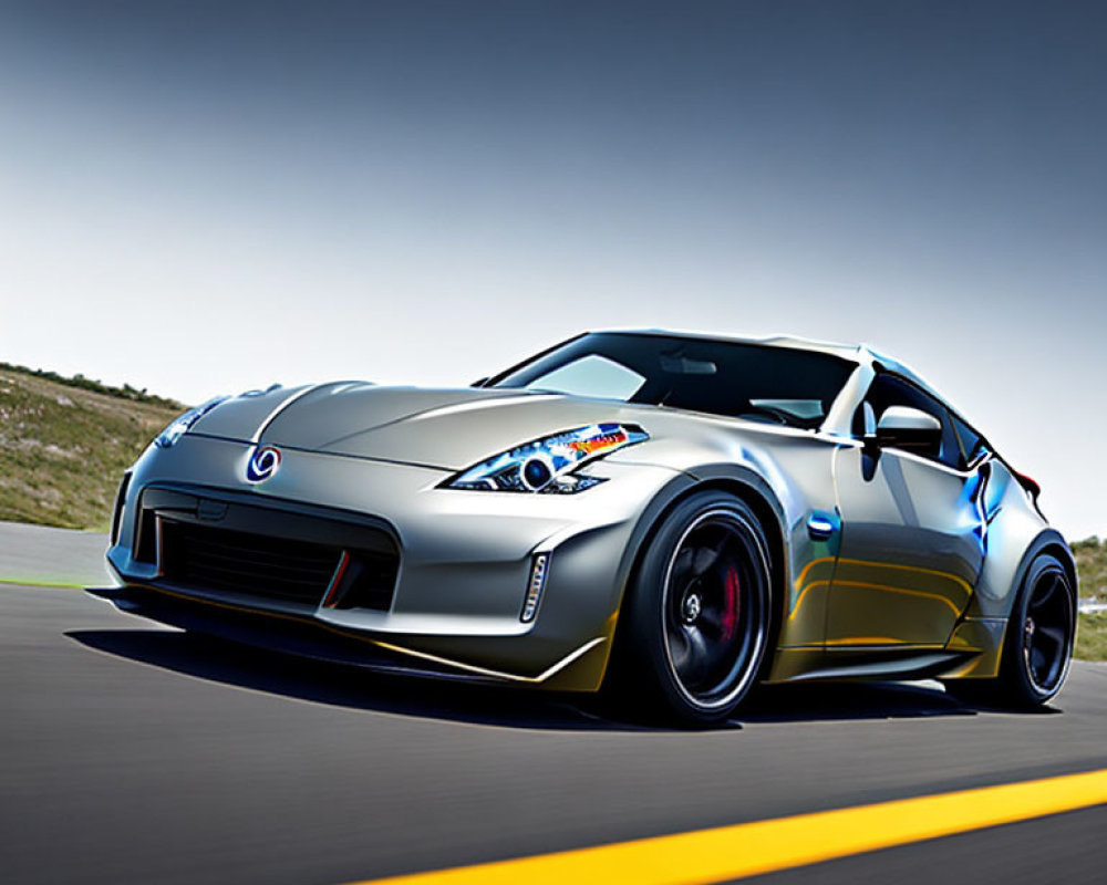 Silver Sports Car with Custom Blue Accents and Black Rims on Racetrack