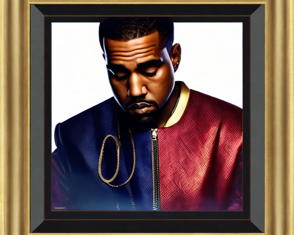 Stylized framed portrait of a man in red jacket and gold chain