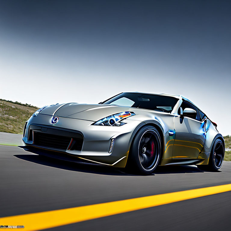 Silver Sports Car with Custom Blue Accents and Black Rims on Racetrack