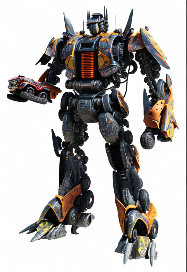 Detailed Illustration of Vibrant Orange and Black Robotic Transformer Figure