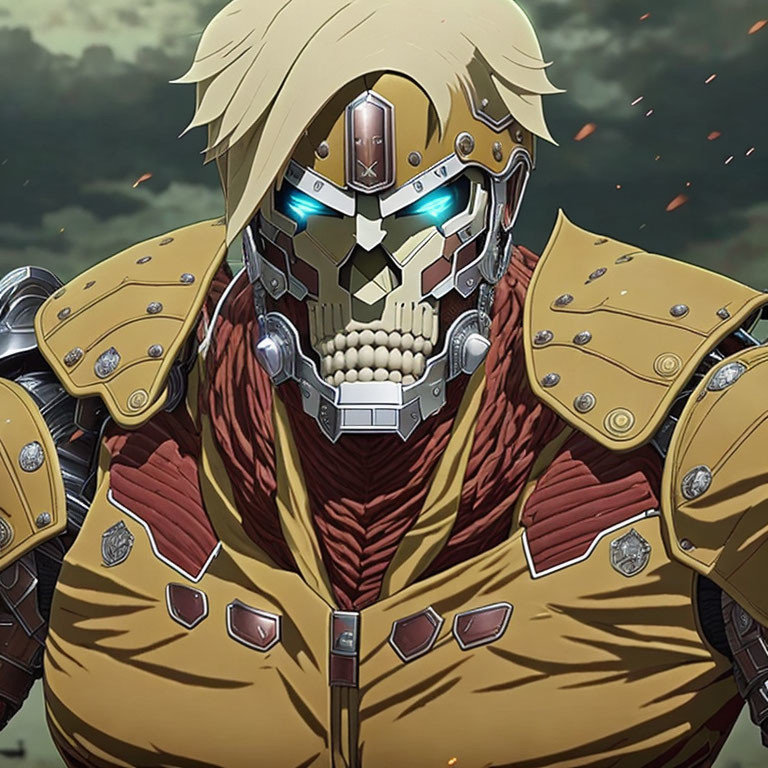 Futuristic animated character with glowing blue eyes and metallic jaw on smoky battlefield