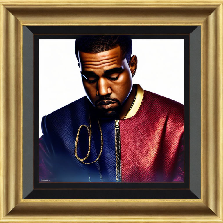 Stylized framed portrait of a man in red jacket and gold chain