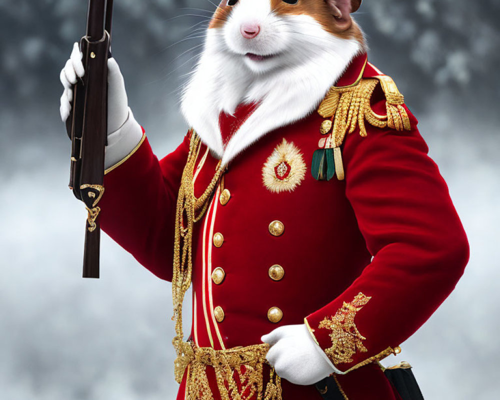 Hamster in Red Military Uniform with Rifle on Gray Background