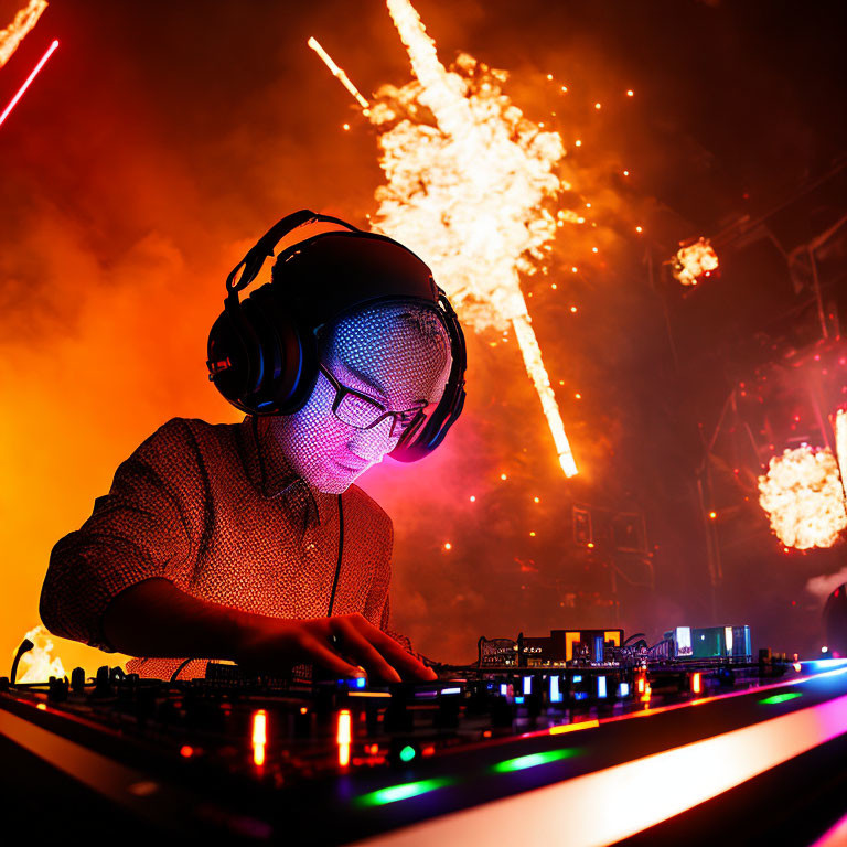 DJ mixing tracks on console with vibrant pyrotechnics at lively event