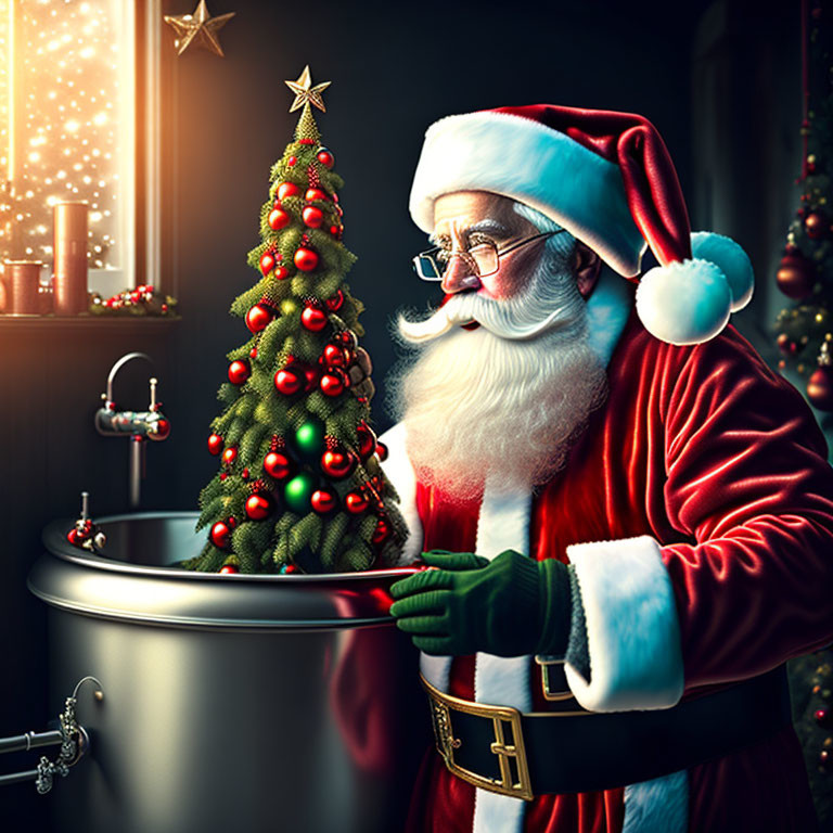 Santa Claus decorating small Christmas tree in sink of cozy room