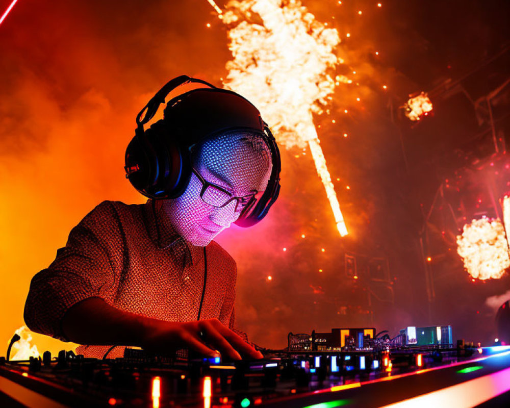 DJ mixing tracks on console with vibrant pyrotechnics at lively event