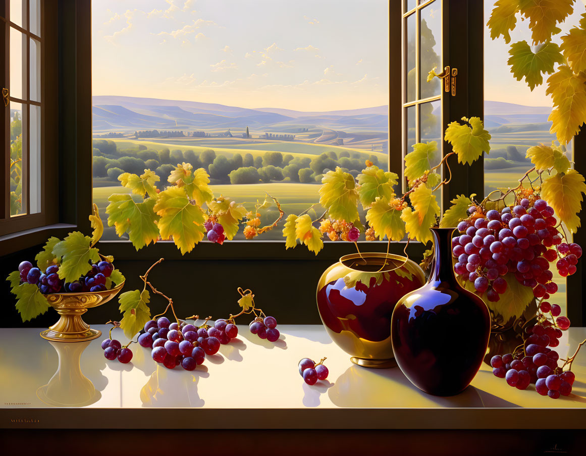 Tranquil still life with ripe grapes, sunlit ledge, lush vista, and golden hour v