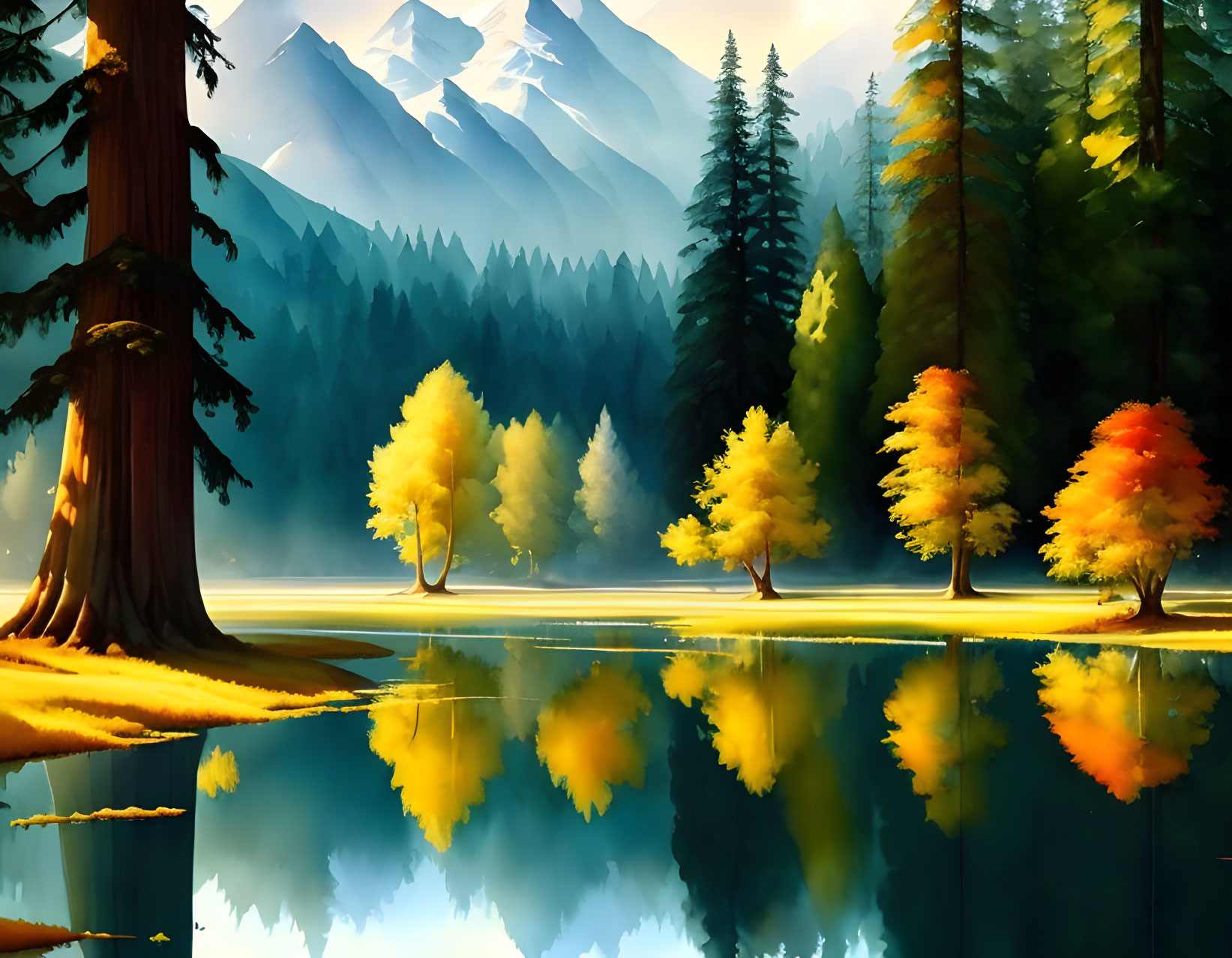 Vibrant autumn landscape: colorful trees, calm lake, mountains, serene sky