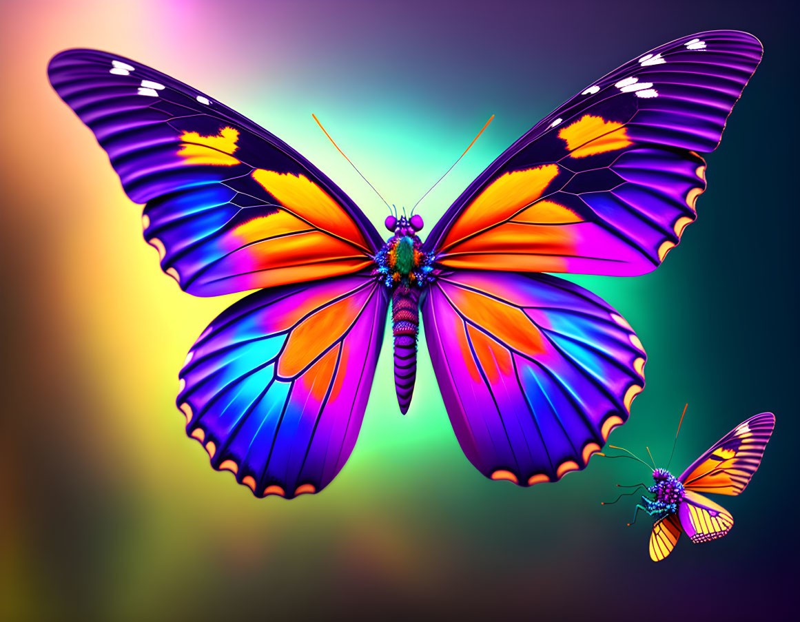 Colorful Digital Artwork: Two Butterflies on Rainbow Background