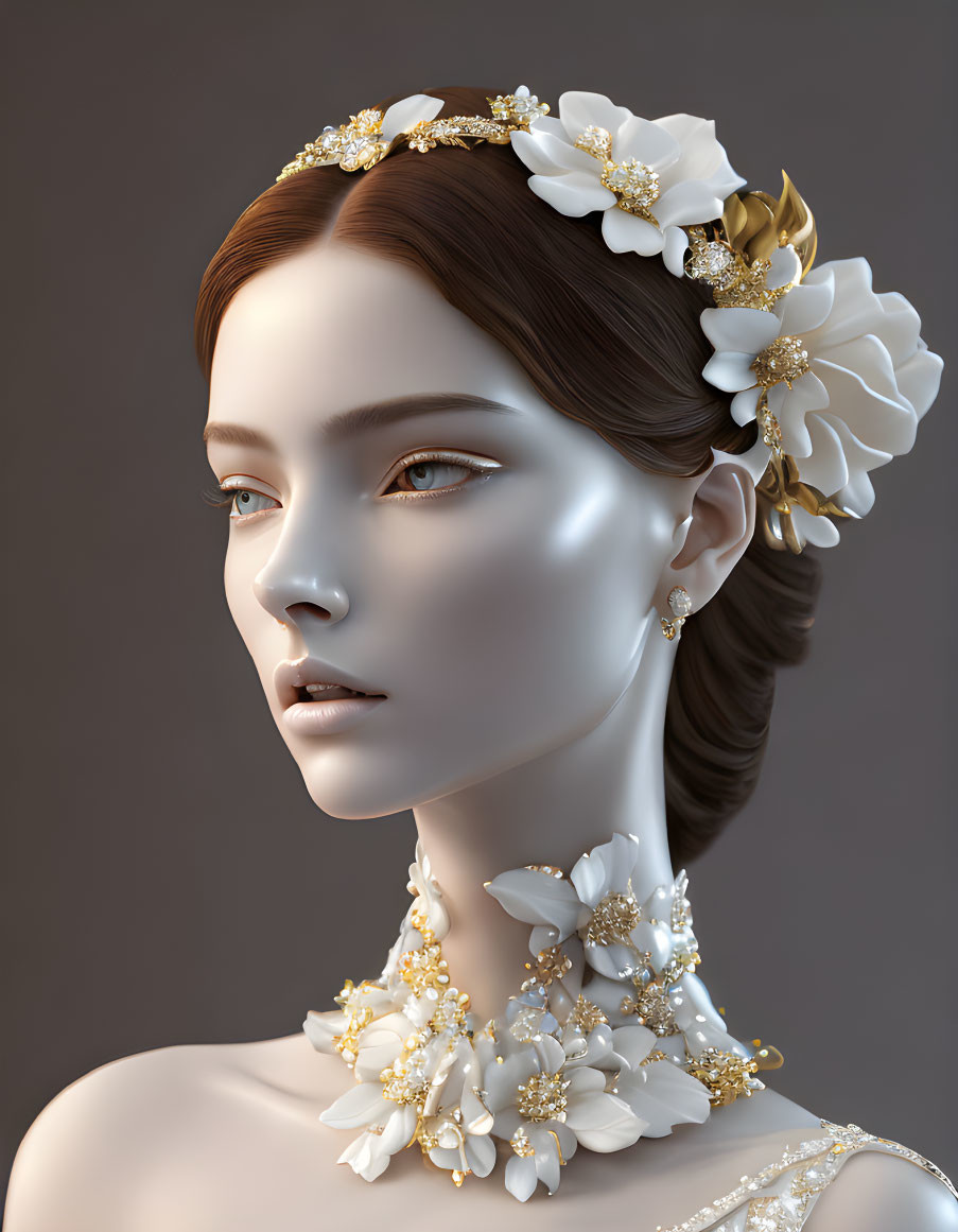 3D rendering of woman with floral headpiece and jewelry in white blossoms and gold on grey background