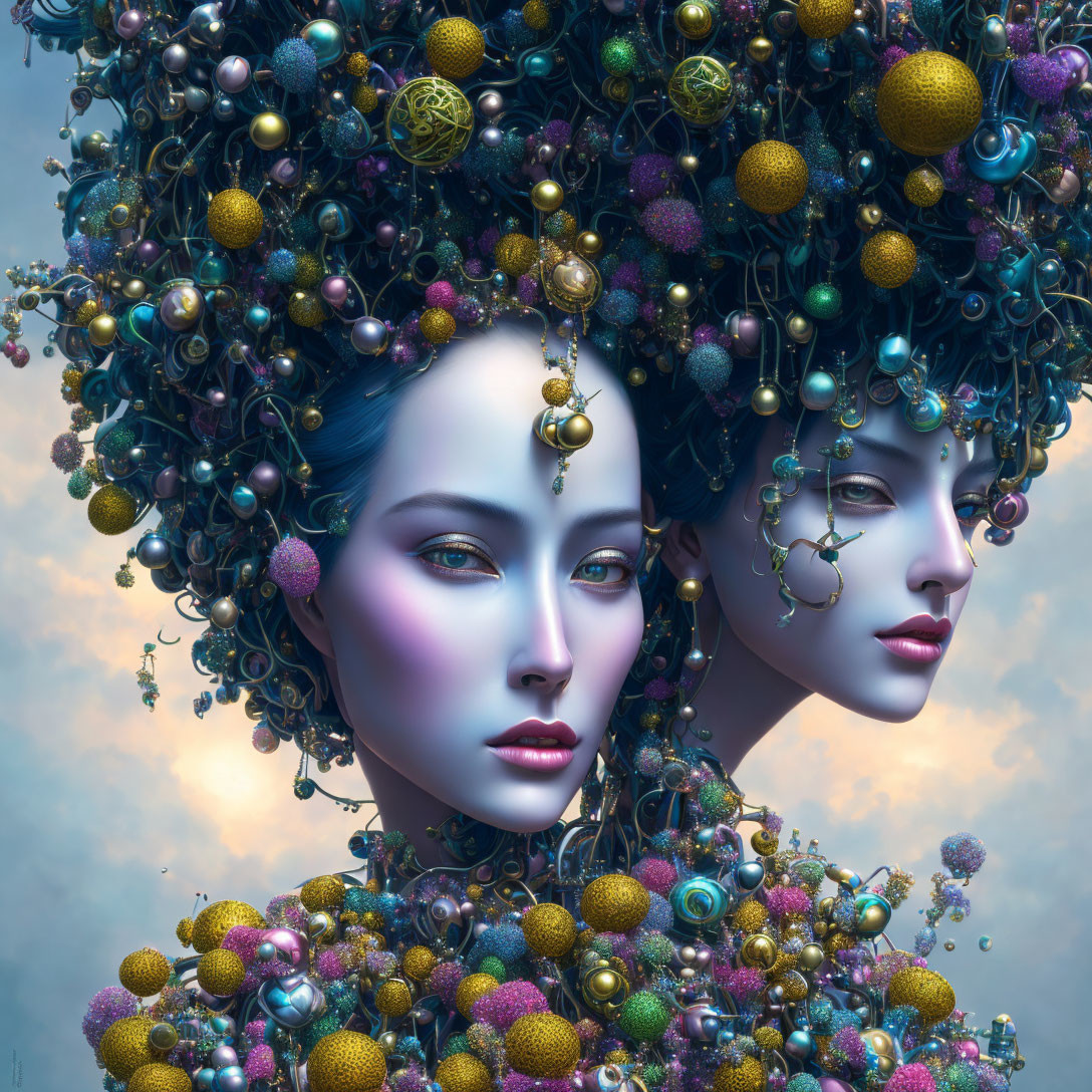 Surreal blue-skinned female figures with elaborate headdresses against cloudy sky