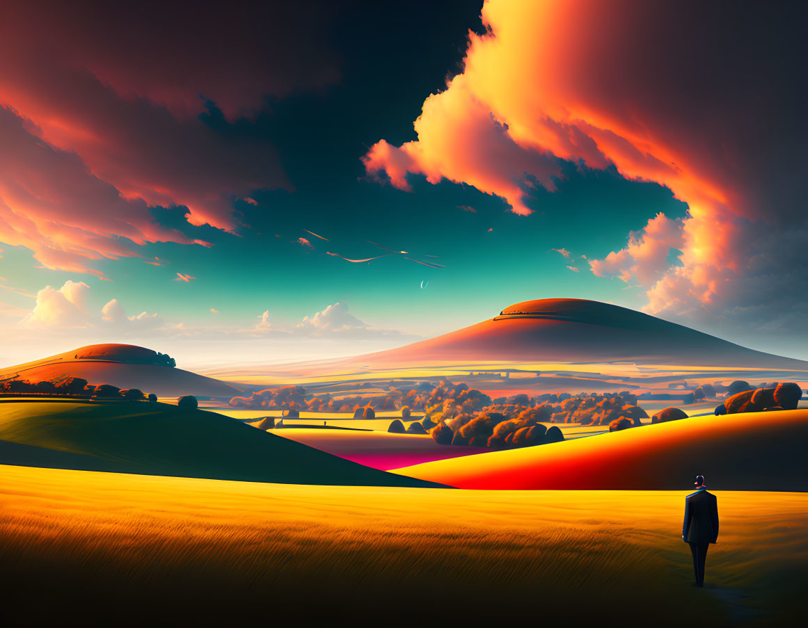 Solitary figure in rolling hills under dramatic sunset sky