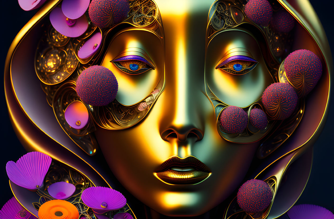 Surreal golden face with blue eyes amidst abstract shapes and flowers