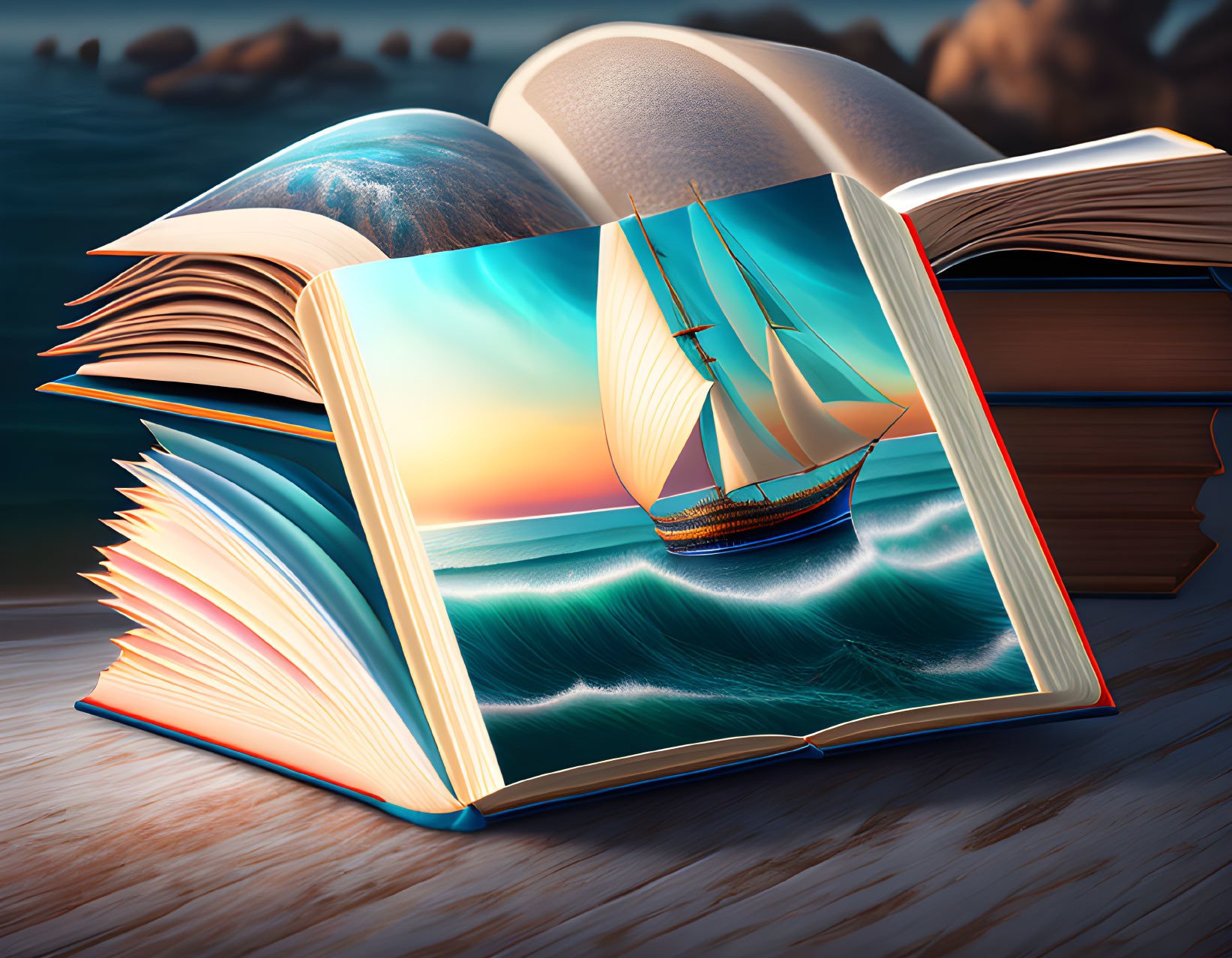 Open book with ocean scene and sailing ship at sunset surrounded by other books