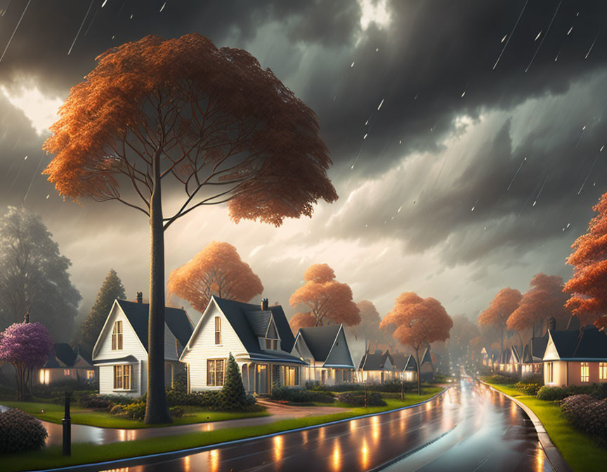 Cozy houses on suburban street under stormy sky with warm lights and wet road.