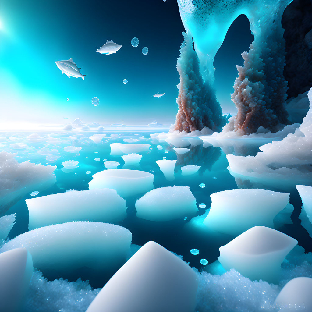 Arctic Scene with Icebergs, Marine Life, and Glowing Ice Formation