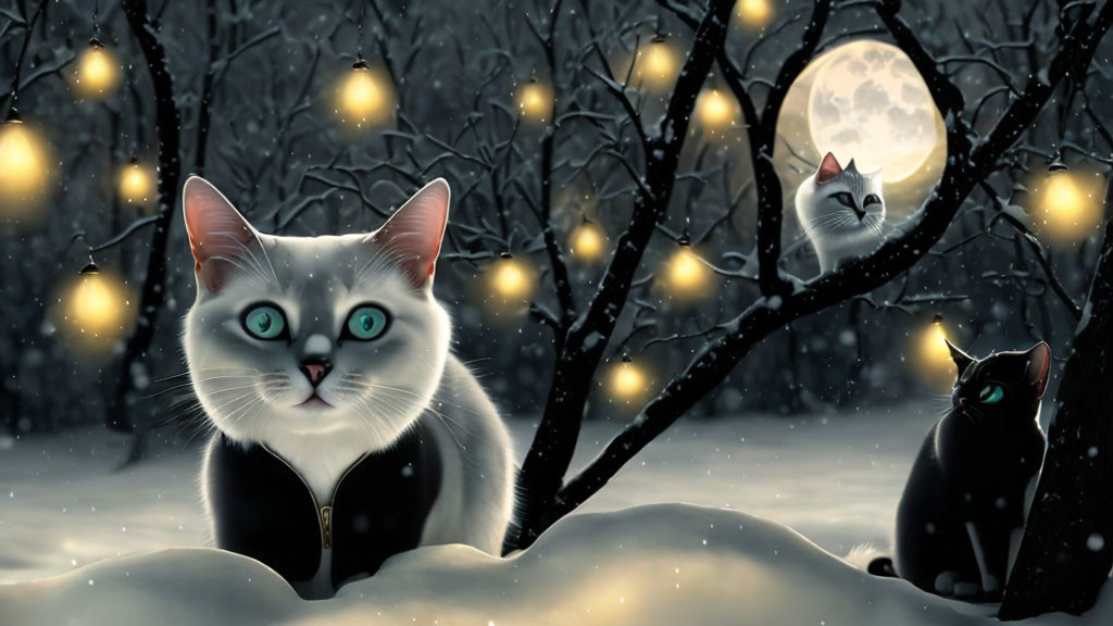 Three Cats with Luminous Eyes in Snowy Night Scene