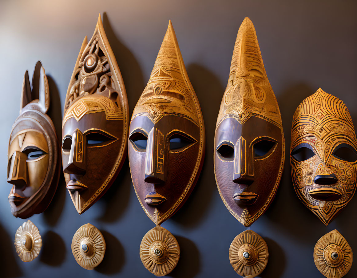 Five Intricately Designed Traditional Wooden Masks with Varying Shapes and Decorative Round Motifs