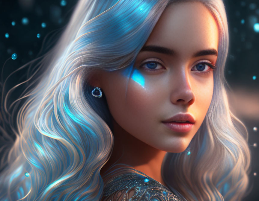 Digital portrait of woman with glowing blue hair, blue eyes, and intricate armor against starry backdrop