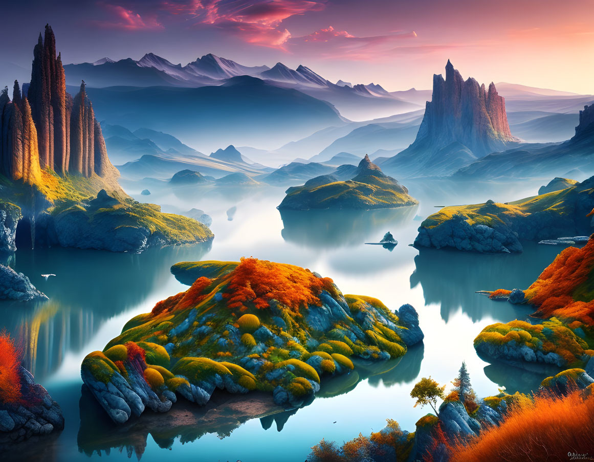 Scenic Landscape with Orange Foliage, Misty Mountains, and Blue Waters