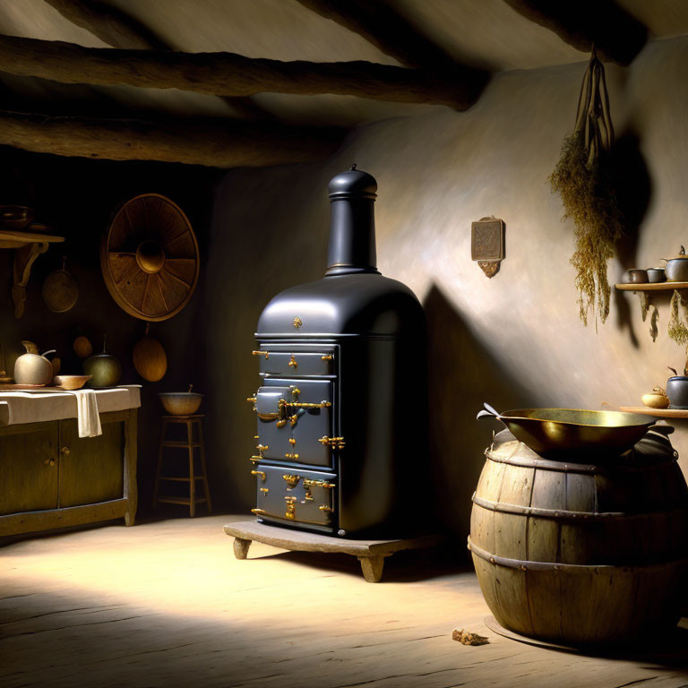 Rustic kitchen interior with antique stove, wooden furniture, herbs, and metal pot