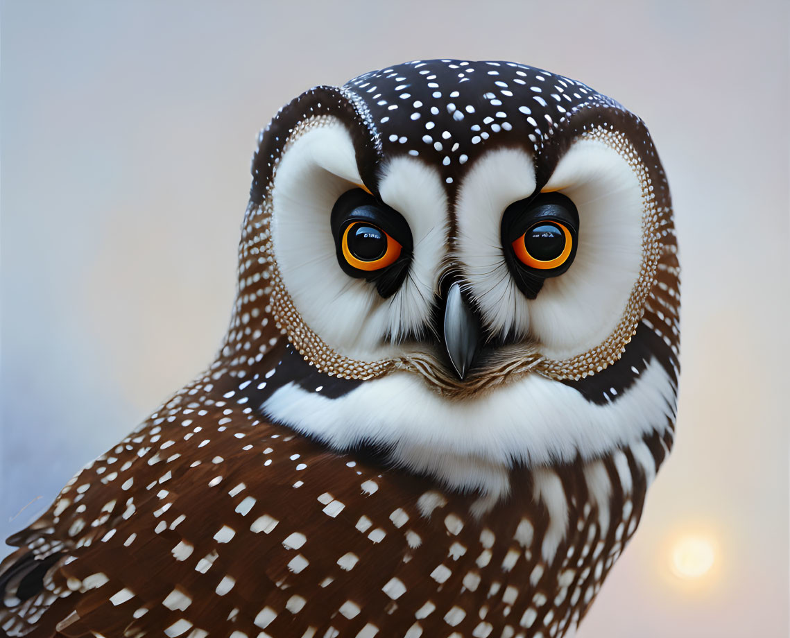 Detailed digital illustration of brown and white owl with captivating orange eyes