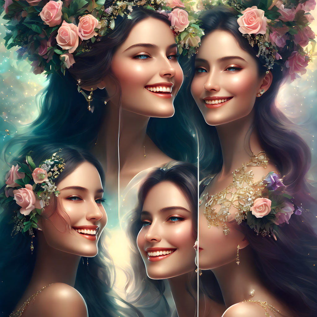 Five portraits of a woman with a floral crown and joyful expressions in soft, ethereal lighting.