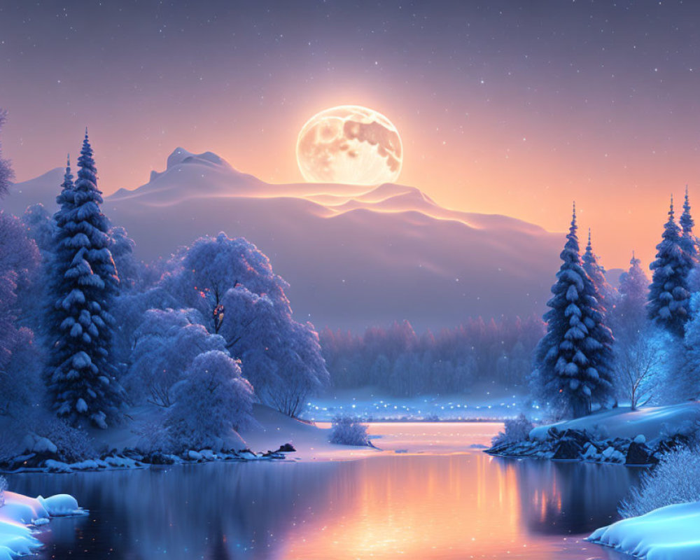 Winter night scene: Full moon over snow-covered river, mountains, and starry sky