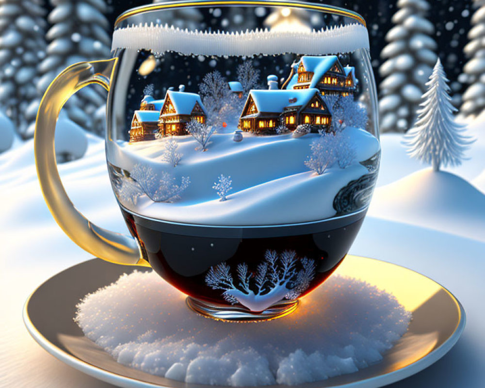 Winter Village Scene in Transparent Coffee Cup Snow Globe