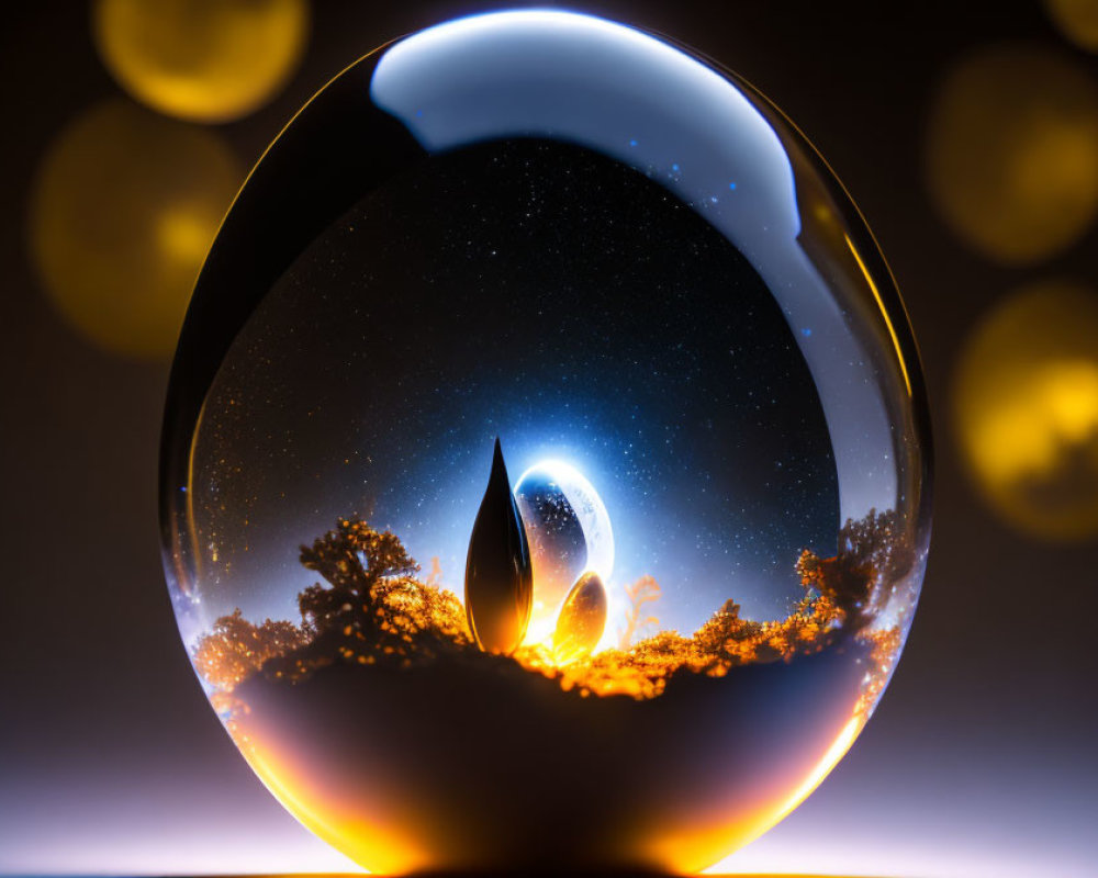 Crystal Ball Reflects Surreal Night Scape with Trees and Stars