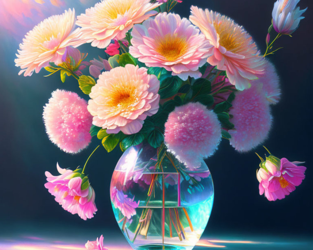 Pink flowers in transparent vase on dark background: dramatic contrast and natural beauty